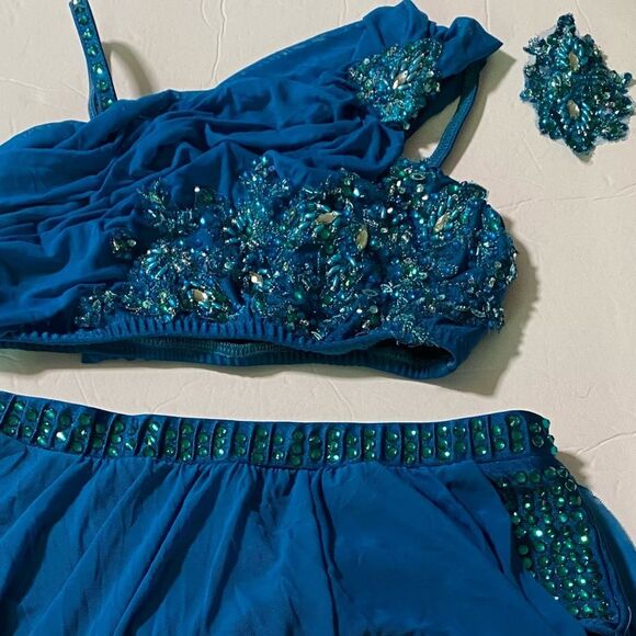 Glamour solo 2 piece dance costume teal blue lyrical embellished bling MA adult - Picture 5 of 11